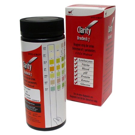 Clarity Diagnostics Reagent Test Strip Clarity® Blood, Glucose, Ketone, Leukocytes, Nitrite, pH, Protein For Clarity Urocheck 120 Urine Analyzer 100 per Bottle - Box of 1 - DTG-URO7-BX