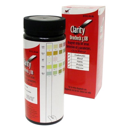 Clarity Diagnostics Reagent Test Strip Clarity® Blood, Glucose, Leukocytes, Nitrite, Protein For Clarity Urocheck Urinalysis Meter 100 per Bottle - Box of 1 - DTG-5OB-BX