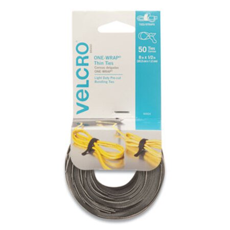 Velcro® Brand ONE-WRAP Pre-Cut Thin Ties, 0.5" x 8", Black/Gray, 50/Pack - Pack of 1 - VEK-90924-PK