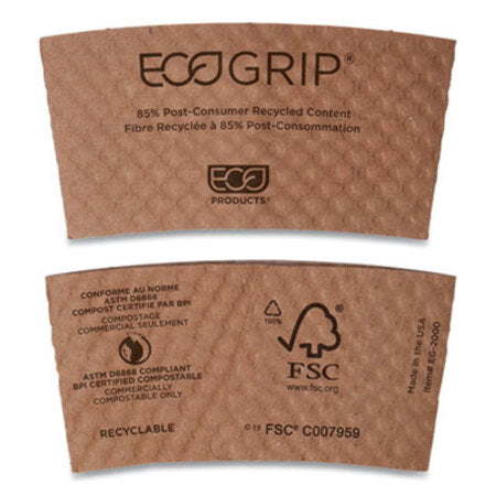 Eco-Products® EcoGrip Hot Cup Sleeves - Renewable and Compostable, Fits 12, 16, 20, 24 oz Cups, Kraft, 1,300/Carton - CT/1 - ECO-EG2000-CT