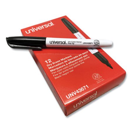 Universal™ Pen Style Dry Erase Marker, Fine Bullet Tip, Black, Dozen - DZ/1 - UNV-43671-DZ