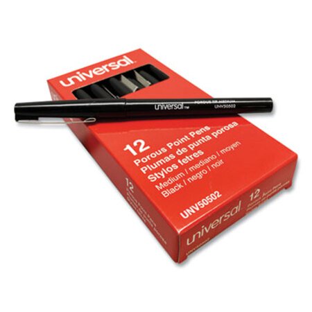 Universal™ Porous Point Pen, Stick, Medium 0.7 mm, Black Ink, Black Barrel, Dozen - DZ/1 - UNV-50502-DZ