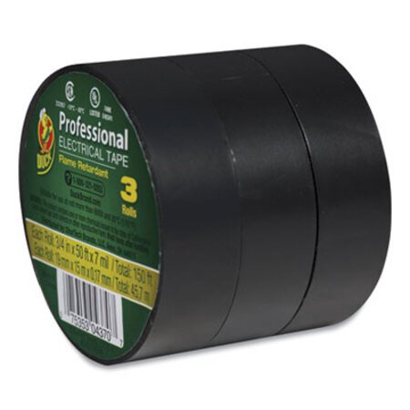 Duck® Pro Electrical Tape, 1" Core, 0.75" x 50 ft, Black, 3/Pack - Pack of 1 - DUC-299004-PK