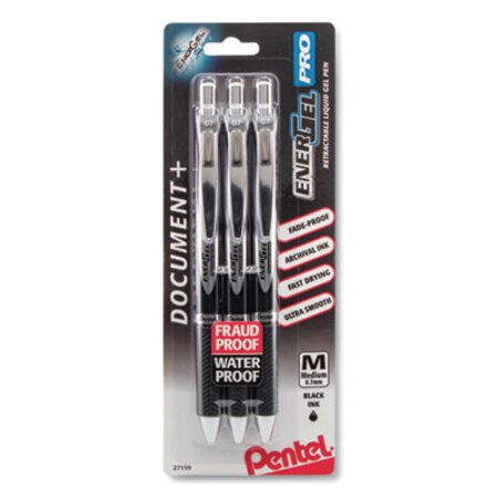 Pentel® EnerGel PRO Gel Pen, Retractable, Medium 0.7 mm, Black Ink, Black Barrel, 3/Pack - Each - PEN-BLP77BP3A-EA