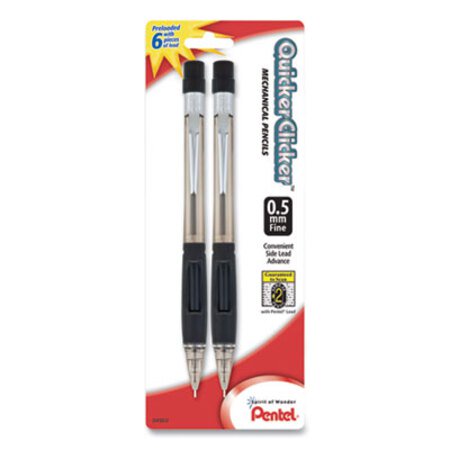 Pentel® Quicker Clicker Mechanical Pencil, 0.5 mm, HB (#2.5), Black Lead, Smoke Barrel, 2/Pack - Pack of 1 - PEN-PD345BP2K6-PK