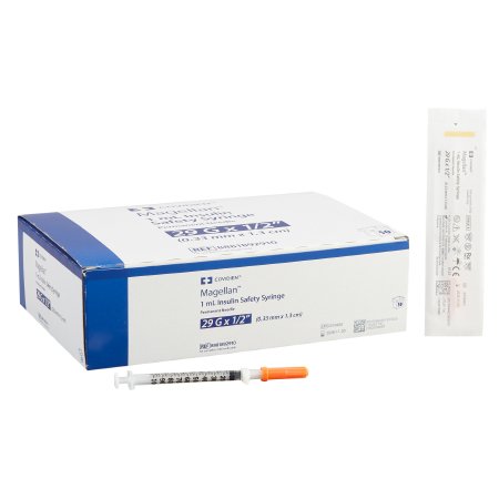 Cardinal Safety Insulin Syringe with Needle Magellan™ 1 mL 1/2 Inch 29 Gauge Sliding Safety Needle Regular Wall - Each - 8881892910-EA