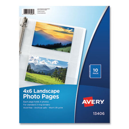 Avery® Photo Storage Pages for Four 4 x 6 Horizontal Photos, 3-Hole Punched, 10/Pack - Pack of 1 - AVE-13406-PK