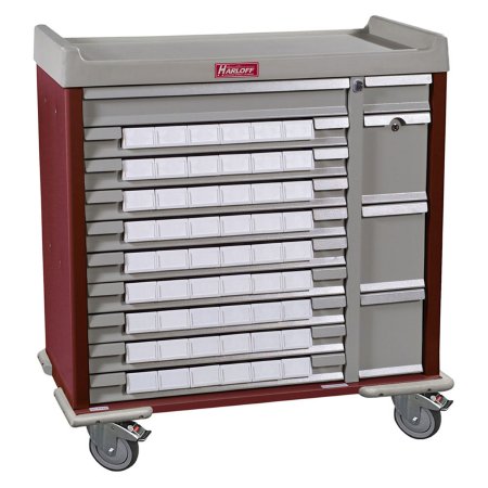 Harloff Medication Cart Standard Line Steel 23.5 X 43 X 45.75 Inch Burgundy 17 X 27.5 Inch Left Side Drawer, 17 X 6.25 Inch Right Side Drawer - Each - SL36BIN5SP-EA