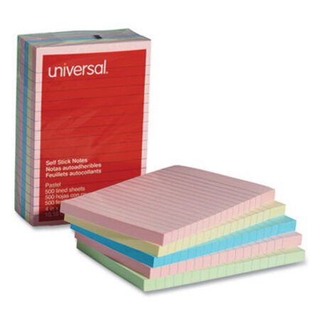 Universal® Self-Stick Note Pads, Note Ruled, 4" x 6", Assorted Pastel Colors, 100 Sheets/Pad, 5 Pads/Pack - Pack of 1 - UNV-35616-PK