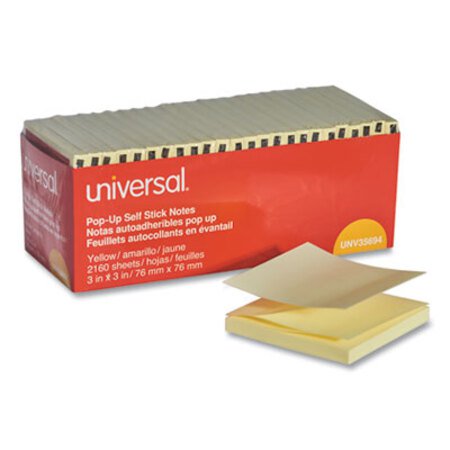 Universal® Fan-Folded Self-Stick Pop-Up Note Pads Cabinet Pack, 3" x 3", Yellow, 90 Sheets/Pad, 24 Pads/Pack - CT/1 - UNV-35694-CT