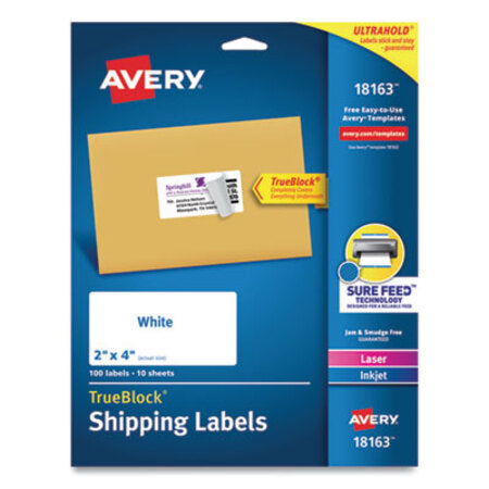 Avery® Shipping Labels w/ TrueBlock Technology, Inkjet Printers, 2 x 4, White, 10/Sheet, 10 Sheets/Pack - Pack of 1 - AVE-18163-PK