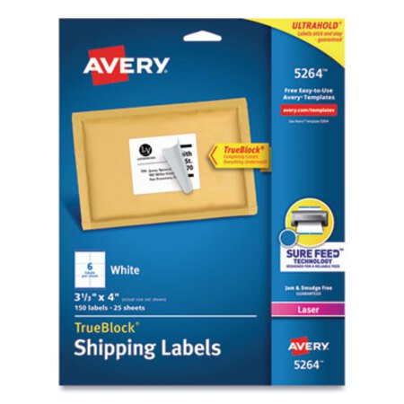 Avery® Shipping Labels w/ TrueBlock Technology, Laser Printers, 3.33 x 4, White, 6/Sheet, 25 Sheets/Pack - Pack of 1 - AVE-5264-PK