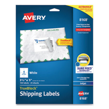 Avery® Shipping Labels w/ TrueBlock Technology, Inkjet Printers, 3.5 x 5, White, 4/Sheet, 25 Sheets/Pack - Pack of 1 - AVE-8168-PK