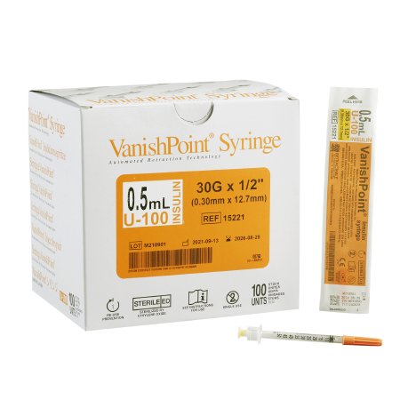Retractable Technologies Safety Insulin Syringe with Needle VanishPoint® 0.5 mL 1/2 Inch 30 Gauge Retractable Safety Needle Regular Wall - Case of 800 - 15221-CS