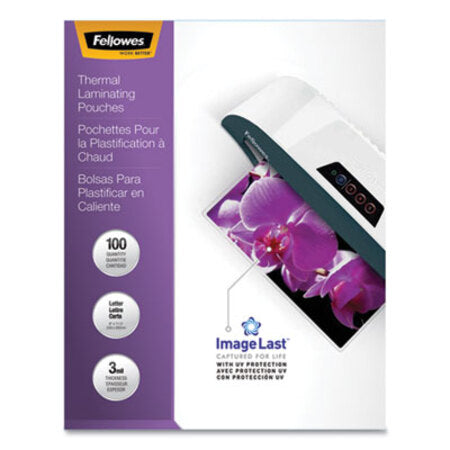 Fellowes® ImageLast Laminating Pouches with UV Protection, 3 mil, 9" x 11.5", Clear, 100/Pack - Pack of 1 - FEL-52454-PK
