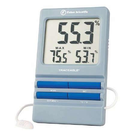 Fisher Scientific Digital Thermometer / Hygrometer with Alarm Fisherbrand™ Traceable® Fahrenheit / Celsius 32Â° to 140Â°F (0Â° to 60Â°C) Internal Sensor / External Probe Flip-out Stand / Wall Mount Battery Operated - Each - 1464984-EA