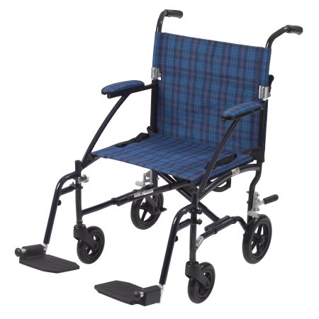 Drive Medical Transport Wheelchair drive™ Fly-Lite Aluminum Frame with Blue Finish 300 lbs. Weight Capacity Full Length / Fixed Height / Padded Arm Blue Plaid Upholstery - Each - DFL19-BL-EA