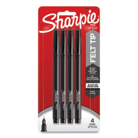 Sharpie® Water-Resistant Ink Porous Point Pen, Stick, Fine 0.4 mm, Black Ink, Black/Gray Barrel, 4/Pack - Pack of 1 - SAN-1742661-PK
