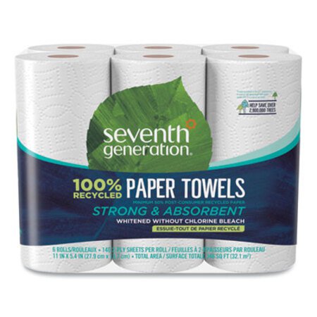 Seventh Generation® 100% Recycled Paper Kitchen Towel Rolls, 2-Ply, 11 x 5.4, 140 Sheets/Roll, 6 Rolls/Pack - Pack of 1 - SEV-13731PK-PK
