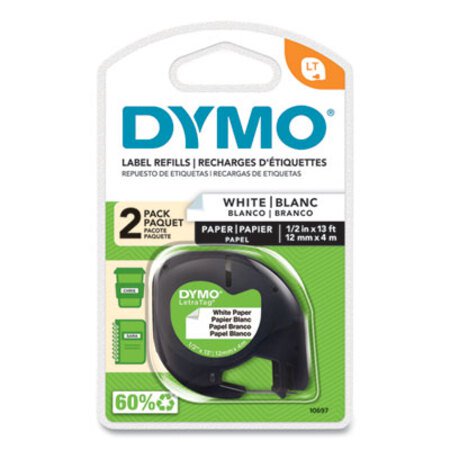 Dymo® LetraTag Paper Label Tape Cassettes, 0.5" x 13 ft, White, 2/Pack - Pack of 1 - DYM-10697-PK