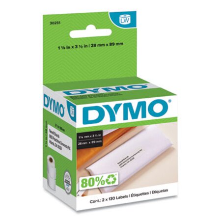 Dymo® LabelWriter Address Labels, 1.12" x 3.5", White, 130 Labels/Roll, 2 Rolls/Pack - Box of 1 - DYM-30251-BX