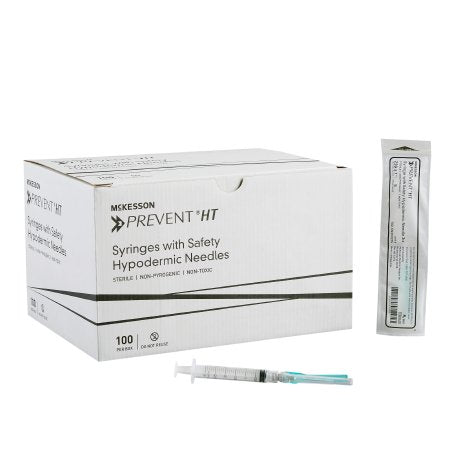 McKesson Safety Hypodermic Syringe with Needle McKesson Prevent® HT 3 mL 1 Inch 22 Gauge Hinged Safety Needle Ultra Thin Wall - Box of 100 - 102-SN3C221S-BX