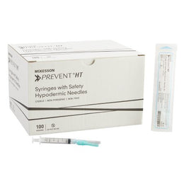 McKesson Safety Hypodermic Syringe with Needle McKesson Prevent® HT 3 mL 1 Inch 23 Gauge Hinged Safety Needle Ultra Thin Wall - Box of 100 - 102-SN3C231S-BX