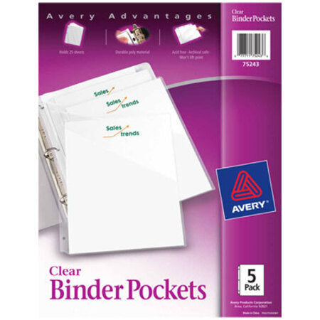 Avery® Binder Pockets, 3-Hole Punched, 9.25 x 11, Clear, 5/Pack - Pack of 1 - AVE-75243-PK
