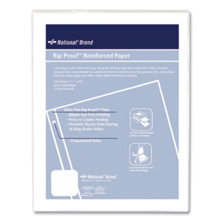 National® Rip Proof Reinforced Filler Paper, 3-Hole, 8.5 x 11, Unruled, 100/Pack - Pack of 1 - RED-20121-PK
