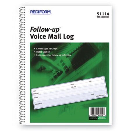 Rediform® Follow-up Wirebound Voice Mail Log Book, One-Part (No Copies), 7.5 x 2, 5 Forms/Sheet, 500 Forms Total - Each - RED-51114-EA