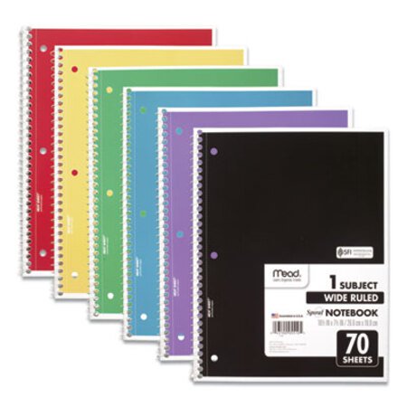Mead® Spiral Notebook, 3-Hole Punched, 1-Subject, Wide/Legal Rule, Randomly Assorted Cover Color, (70) 10.5 x 7.5 Sheets - Each - MEA-05510-EA