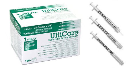 Ultimed Safety Tuberculin Syringe with Needle UltiCare™ 1 mL 5/8 Inch 25 Gauge Sliding Safety Needle Regular Wall - Box of 100 - 25158-BX