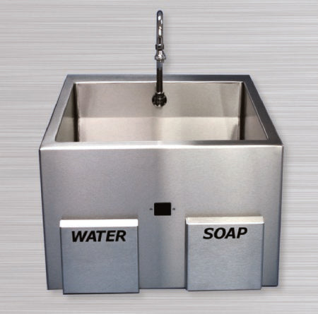 Future Health Concepts Surgical Scrub Sink ES Series Mounted Single Sink Knee Operated Water and Soap, Infrared Sensor Operated Water, High Mount Swivel Gooseneck Spout Adjustable Swivel Spray Aerator - Each - FHCES25-IR-MB-EA