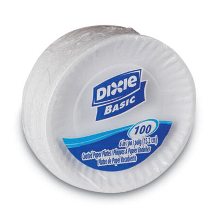 Dixie® Clay Coated Paper Plates, 6" dia, White, 100/Pack - Pack of 1 - DXE-DBP06W-PK