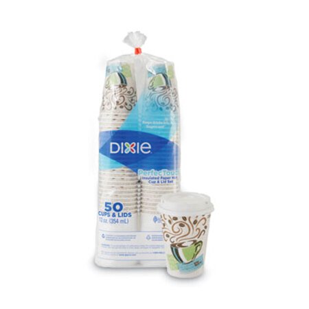 Dixie® PerfecTouch Paper Hot Cups and Lids Combo, 12 oz, Multicolor, 50 Cups/Lids/Pack - Pack of 1 - DXE-5342COMBO600-PK