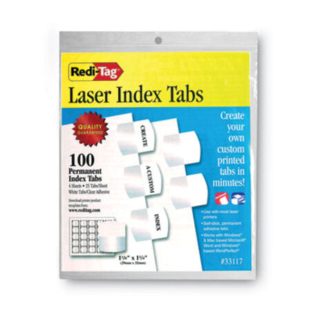 Redi-Tag® Laser Printable Index Tabs, 1/5-Cut, White, 1.13" Wide, 100/Pack - Pack of 1 - RTG-33117-PK