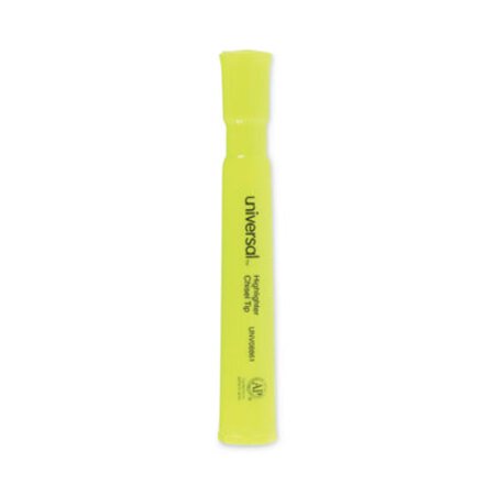 Universal™ Desk Highlighters, Fluorescent Yellow Ink, Chisel Tip, Yellow Barrel, Dozen - DZ/1 - UNV-08861-DZ