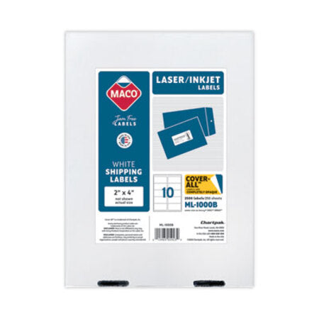 MACO® Cover-All Opaque Laser/Inkjet Shipping Labels, Inkjet/Laser Printers, 2 x 4, White, 10 Labels/Sheet, 250 Sheets/Box - Box of 1 - MAC-ML1000B-BX