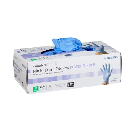 McKesson Exam Glove McKesson Confiderm® 3.5C Medium NonSterile Nitrile Standard Cuff Length Textured Fingertips Blue Chemo Tested - Case of 2000 - 14-6976C-CS