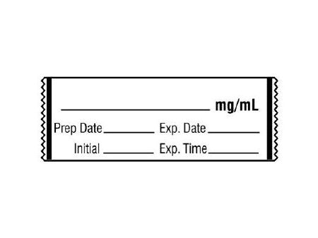 Shamrock Scientific Pre-Printed / Write On Label Advisory Label White _____ mg / mL / Prep Date _____ Exp. Date _____ / Initial _____ Exp. Time _____ Black Syringe Label 1/2 X 500 Inch - Roll of 1 - SA-3219-EXP-RL