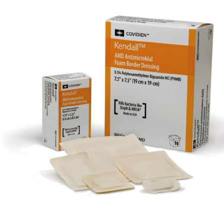 Cardinal Antibacterial Foam Dressing Kendall™ AMD 7-1/2 X 7-1/2 Inch With Border Without Film Backing Acrylic Adhesive Square Sterile - Case of 50 - 55588BAMD-CS