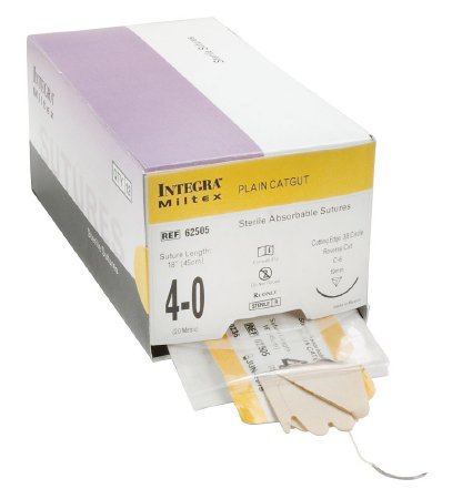Integra Lifesciences Absorbable Suture with Needle Integra® Plain Gut C-6 3/8 Circle Reverse Cutting Needle Size 4 - 0 - Box of 12 - 62506-BX
