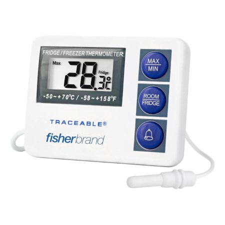 PANTek Technologies LLC Digital Refrigerator / Freezer Thermometer with Alarm Fisherbrand™ Fahrenheit / Celsius -58Â° to +158Â°F (-50Â° to +70Â°C) External Probe Flip-out Stand / Wall Mount Battery Operated - Each - S01556-EA