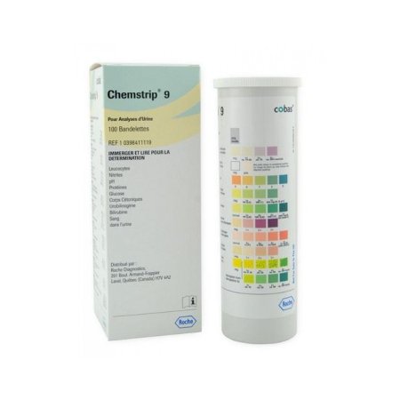 Roche Diagnostics Reagent Test Strip Chemstrip®9 Bilirubin, Blood, Glucose, Ketone, Leukocytes, Nitrite, pH, Protein, Urobilinogen For Urinalysis 100 per Bottle - Case of 600 - 11895427160-CS