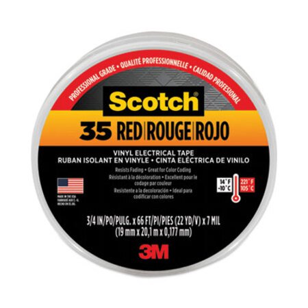 3M™ Scotch 35 Vinyl Electrical Color Coding Tape, 3" Core, 0.75" x 66 ft, Red - Roll of 1 - MMM-10810-RL