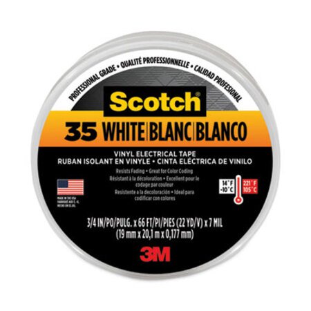 3M™ Scotch 35 Vinyl Electrical Color Coding Tape, 3" Core, 0.75" x 66 ft, White - Roll of 1 - MMM-10828-RL