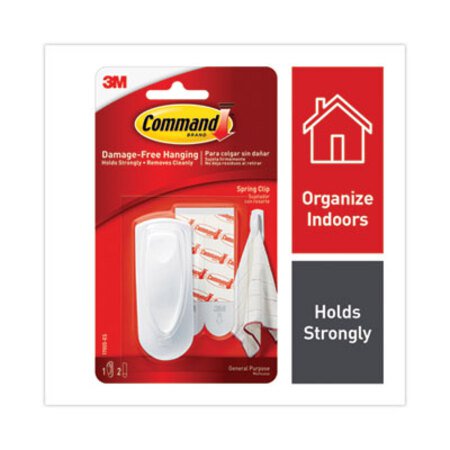 Command™ Spring Hook, Plastic, White, 0.25 lb Capacity, 1 Hook and 2 Strips/Pack - Pack of 1 - MMM-17005ES-PK