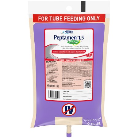 Nestle Healthcare Nutrition Tube Feeding Formula Peptamen® 1.5 with Prebio 1™ Vanilla Flavor Liquid 1000 mL Ready to Hang Prefilled Container - Case of 6 - 10043900349579-CS