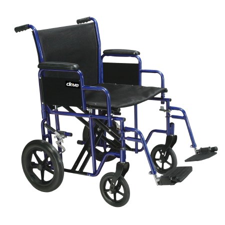 Drive Medical Bariatric Transport Chair Steel Frame with Blue Finish 450 lbs. Weight Capacity Desk Length / Removable / Reversible Arm Black Upholstery - Case of 1 - BTR22-B-CS