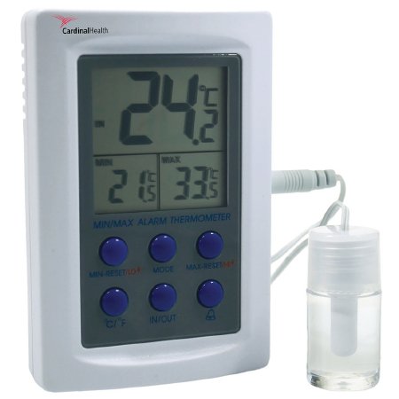 Cardinal Digital Refrigerator / Freezer Thermometer with Alarm CardinalHealth™ Fahrenheit / Celsius -58Â° to +158Â°F (-50Â° to +70Â°C) Bottle Probe Desk / Wall / Door Mount Battery Operated - Each - CH2960-4-EA